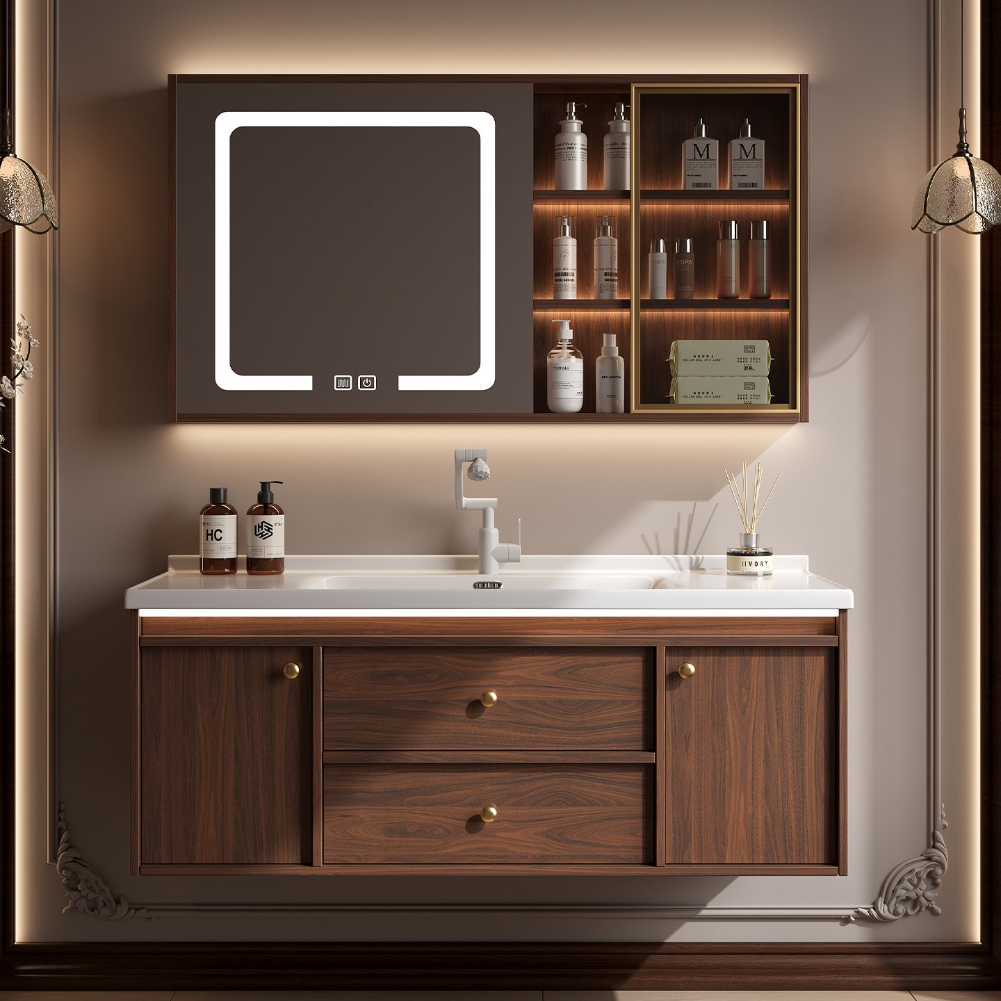 新中式胡桃木浴室柜组合中古风卫生间一体盆洗手洗漱台洗脸盆柜