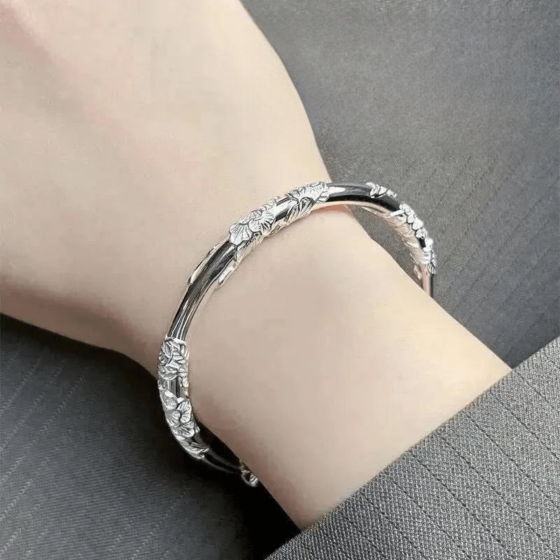 足银手镯 足银999.9纯银手镯女繁花似锦推拉镯子