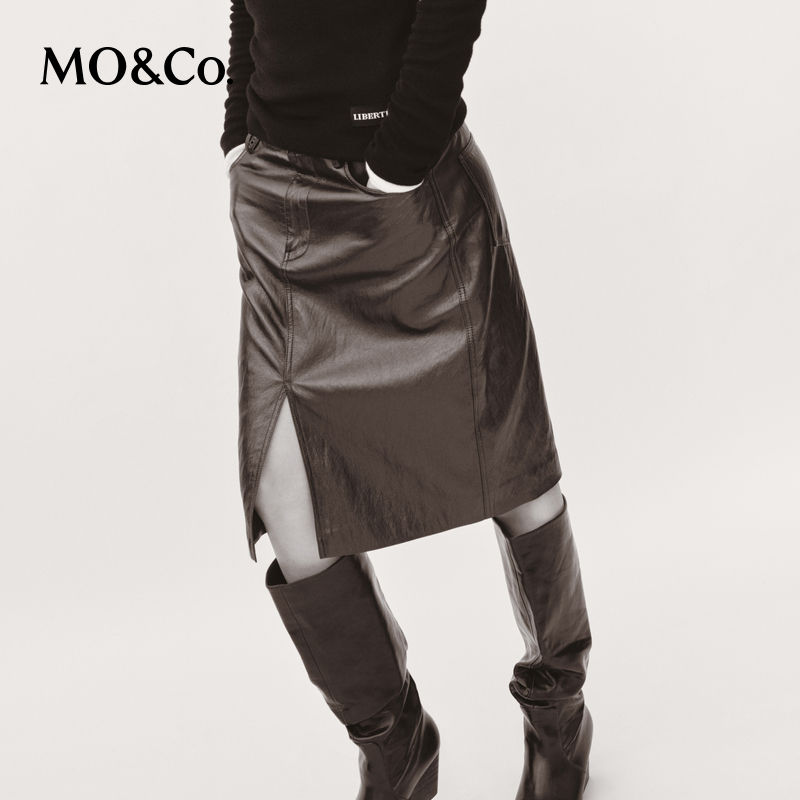 【陈嘉尔专属】MOCO半身裙冬含金属丝蛋白皮H型及膝开叉MBD4SKT010