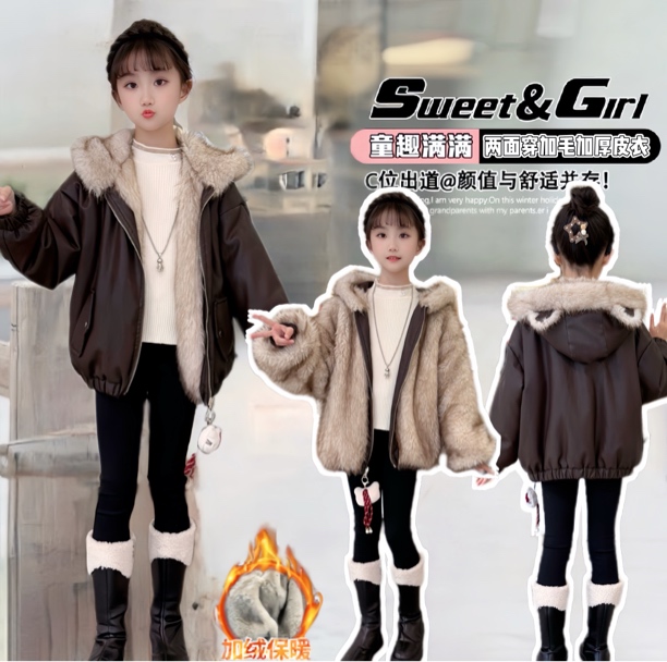 （双面可穿）2025新款女童百搭韩版连帽上衣加厚皮毛外套