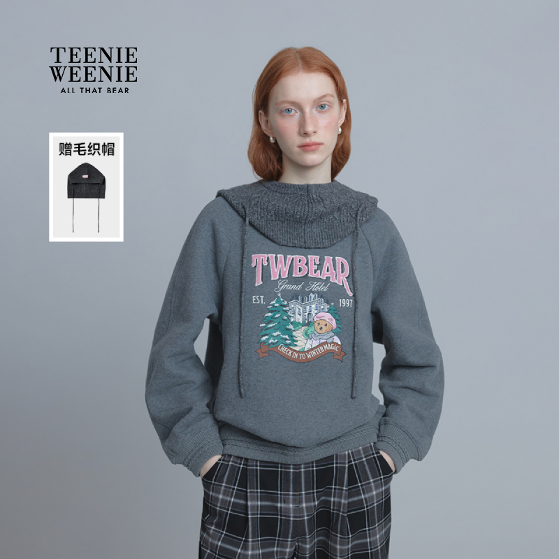 TeenieWeenie小熊女装卫衣25冬季可拆卸帽插肩袖上衣TTMW254CC1B