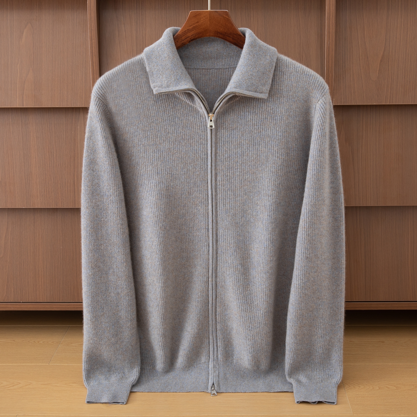 100%纯山羊绒开衫男翻领双拉链针织外套加厚保暖毛衣夹克秋冬新款