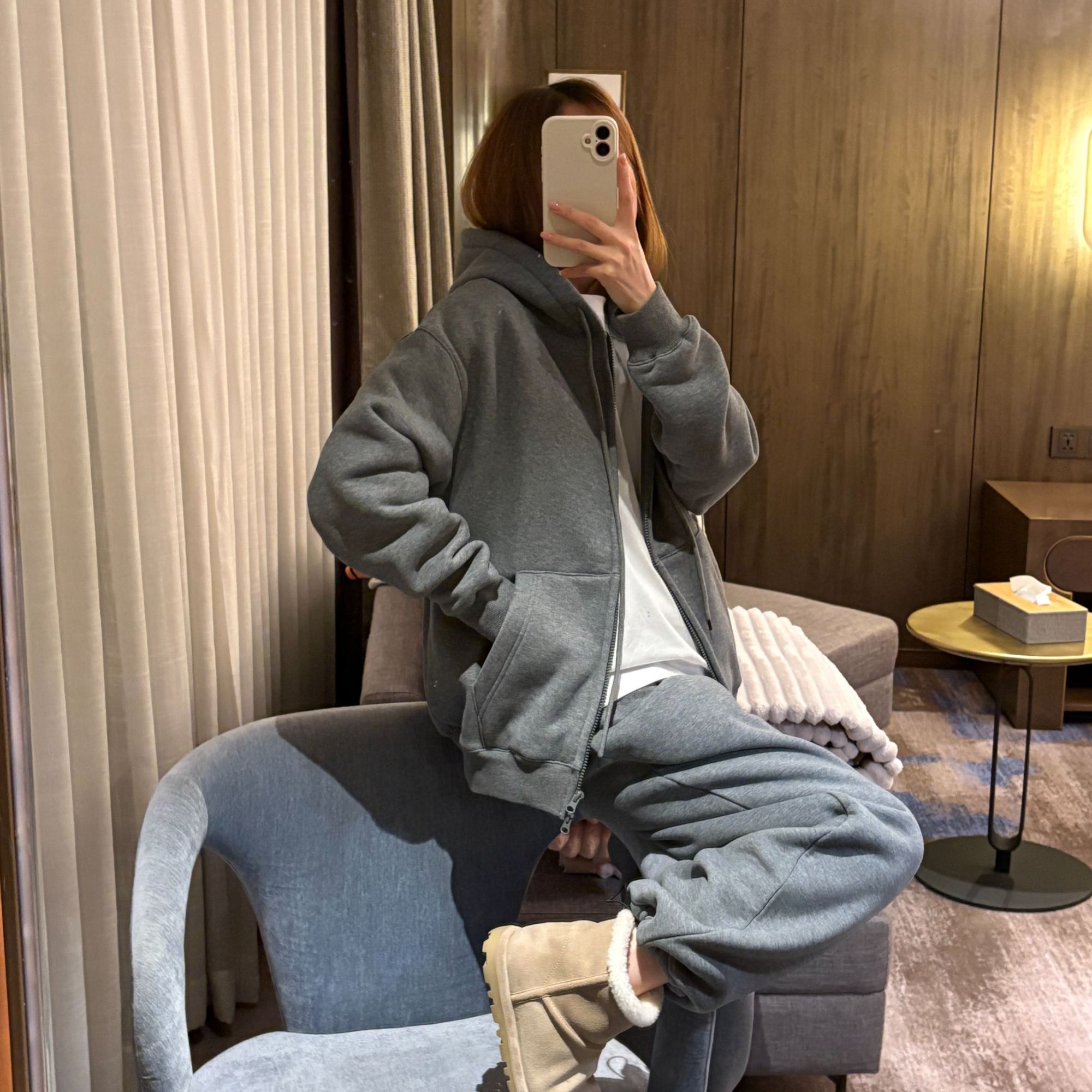 AW251097秋冬百搭好穿廓形连帽加绒卫衣弹力腰束脚可调节卫裤套装