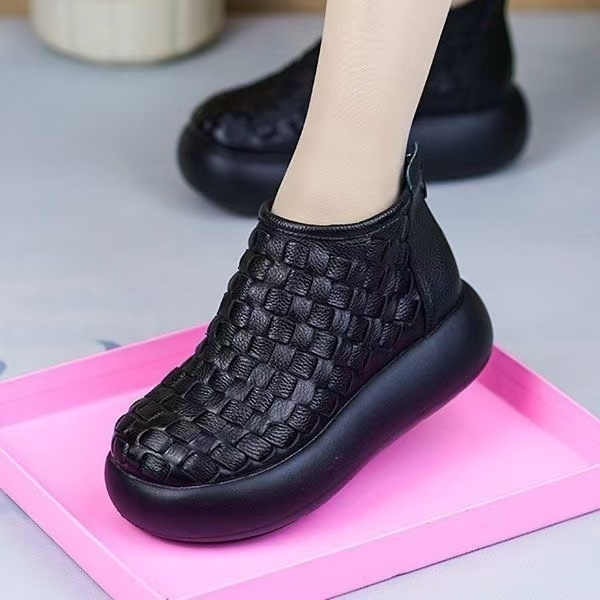 厚底透气女短靴中老年夏季圆头套筒文艺复古