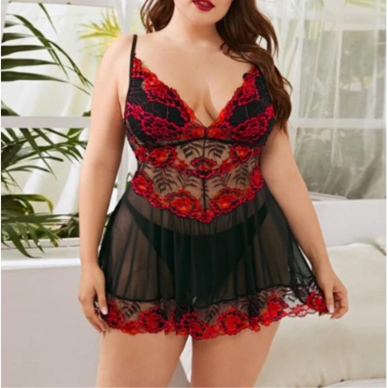 新款大码女性感内衣加大加肥蕾丝吊带花边网纱裙睡裙夏季连体