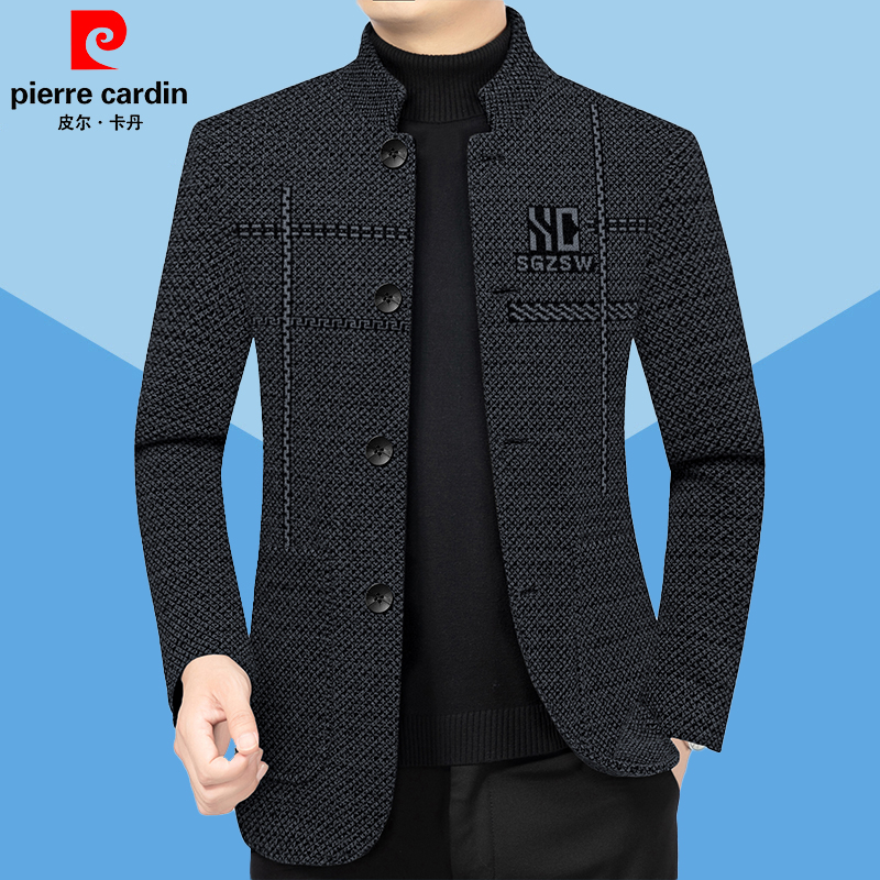 皮尔卡丹高档毛呢立领夹克男士春秋休闲外套中年秋冬百搭中山装潮