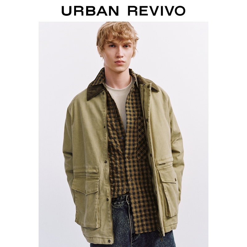 UR2025冬季新款男装流光风拼接翻领工装口袋棉服UML150040