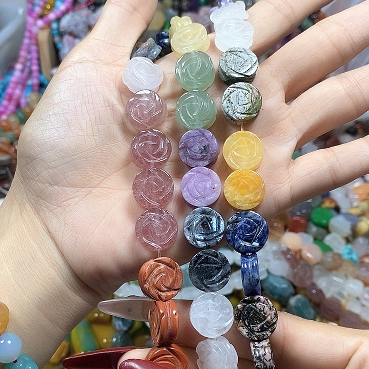 玛瑙/玉髓未镶嵌珠宝半成品多宝双面雕刻玫瑰卡14mm15颗