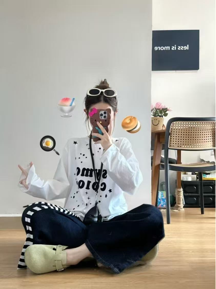 早秋韩系内搭长袖纯棉T恤女新款星星字母印花宽松上衣+裤子两件套