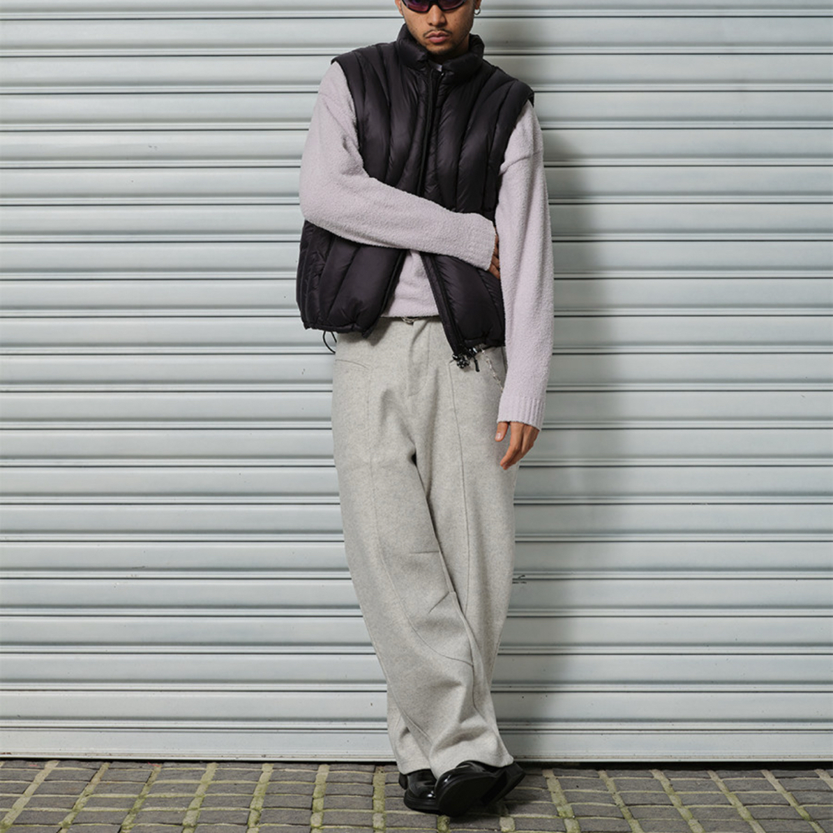 F24#某宝2张多！25冬毛呢链条拼接廓形重磅弯刀长裤男卫裤休闲裤子