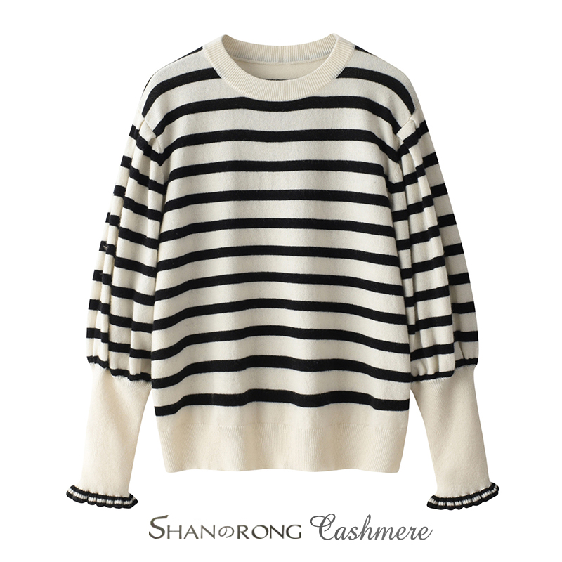 宠粉折扣100%纯山羊绒休闲条纹拼色套头衫法式百搭羊绒衫-约280克