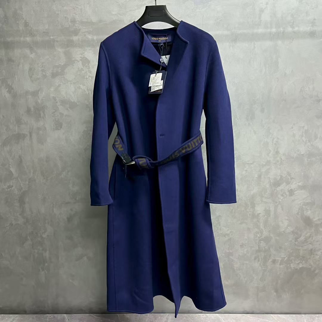 未使用 LouisVuitton/路易威登 蓝色Logo印花连帽系带毛呢大衣/42