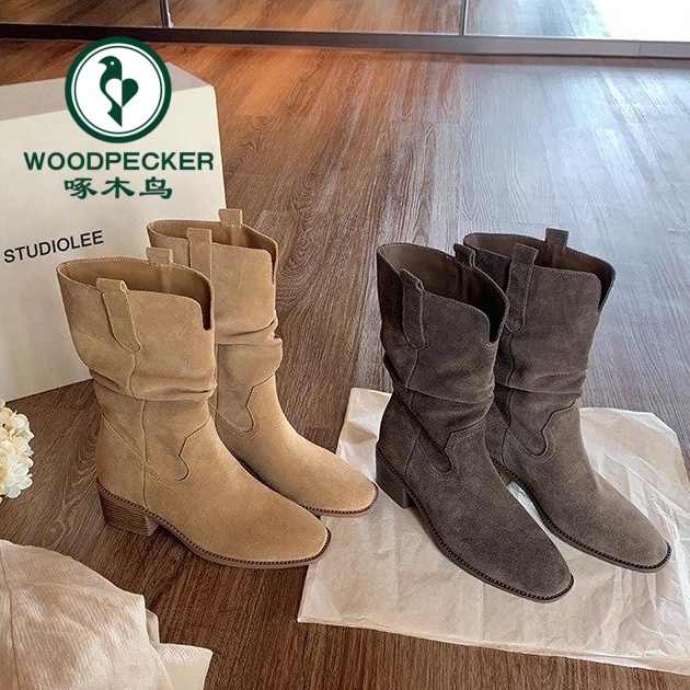 啄木鸟马丁靴女小个子靴子女2025新款秋季复古高跟中筒短靴堆堆靴