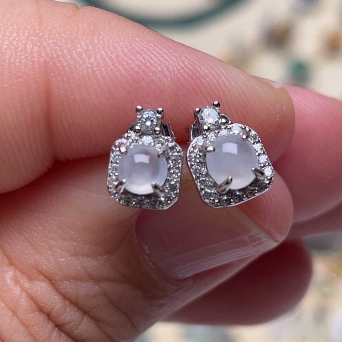 翡翠耳饰银S925镶嵌纯天然缅甸翡翠