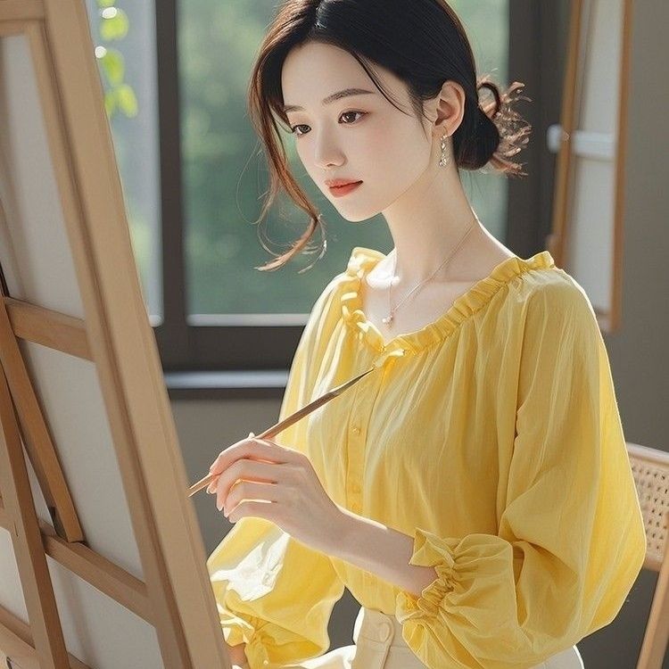 绝美黄色外出衬衫长袖女秋季韩系小众设计感宽松休闲甜美别致上衣