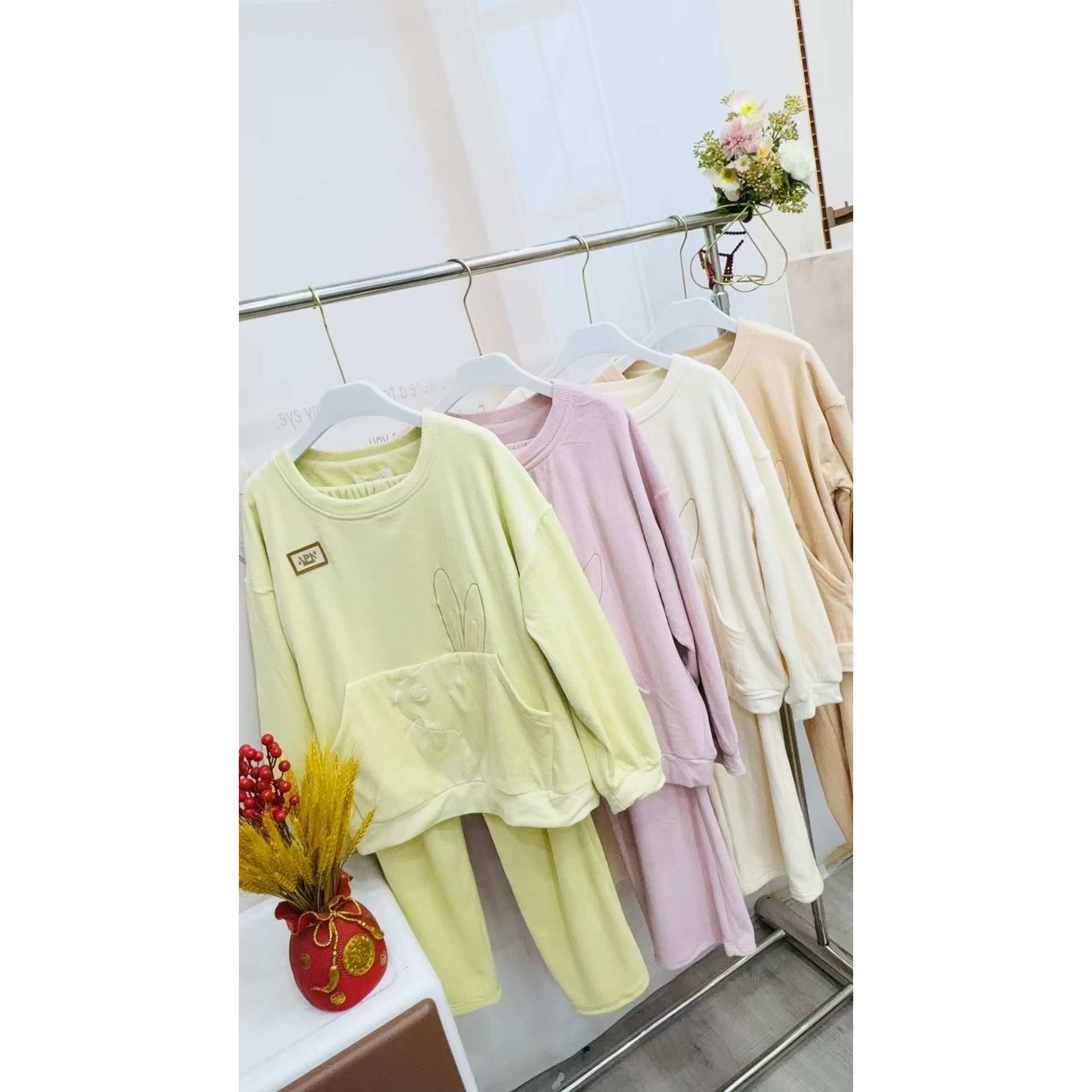 女士套头兔耳朵大口袋海岛绒家居服套装6441