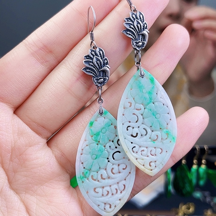 翡翠耳饰银S925镶嵌饰品