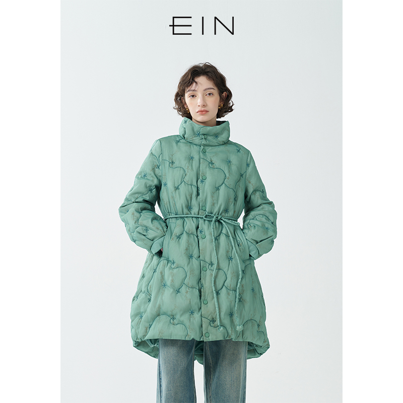 EIN/言文艺朦胧云感网纱双层绣花高领中长鸭绒轻羽绒服冬季新款