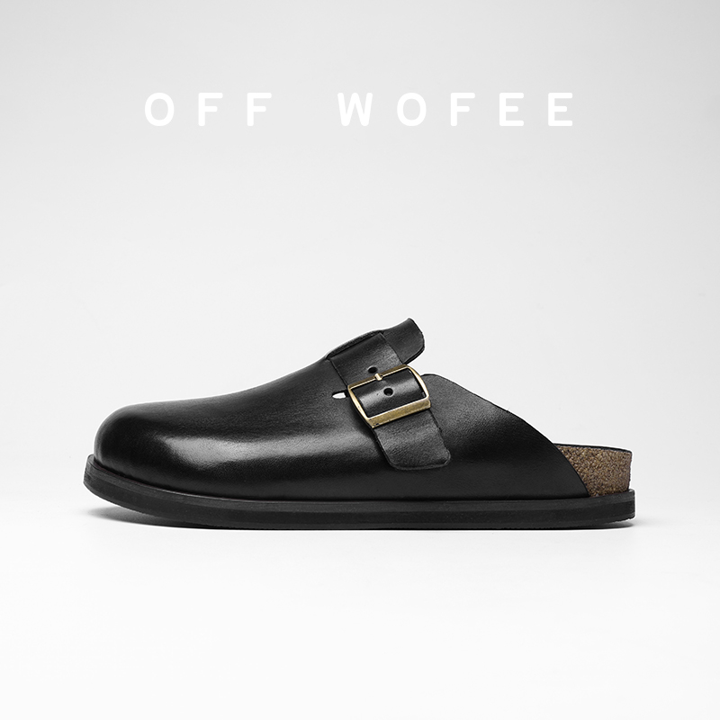  OFFWOFEE大头高级纯黑勃肯拖鞋手工马皮洗水半拖真皮马皮男女鞋