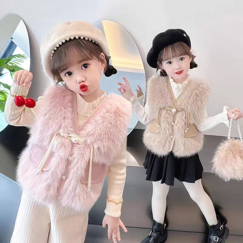 3064女童马甲秋冬新款粉色珍珠扣洋气时髦外穿毛毛保暖背心女宝