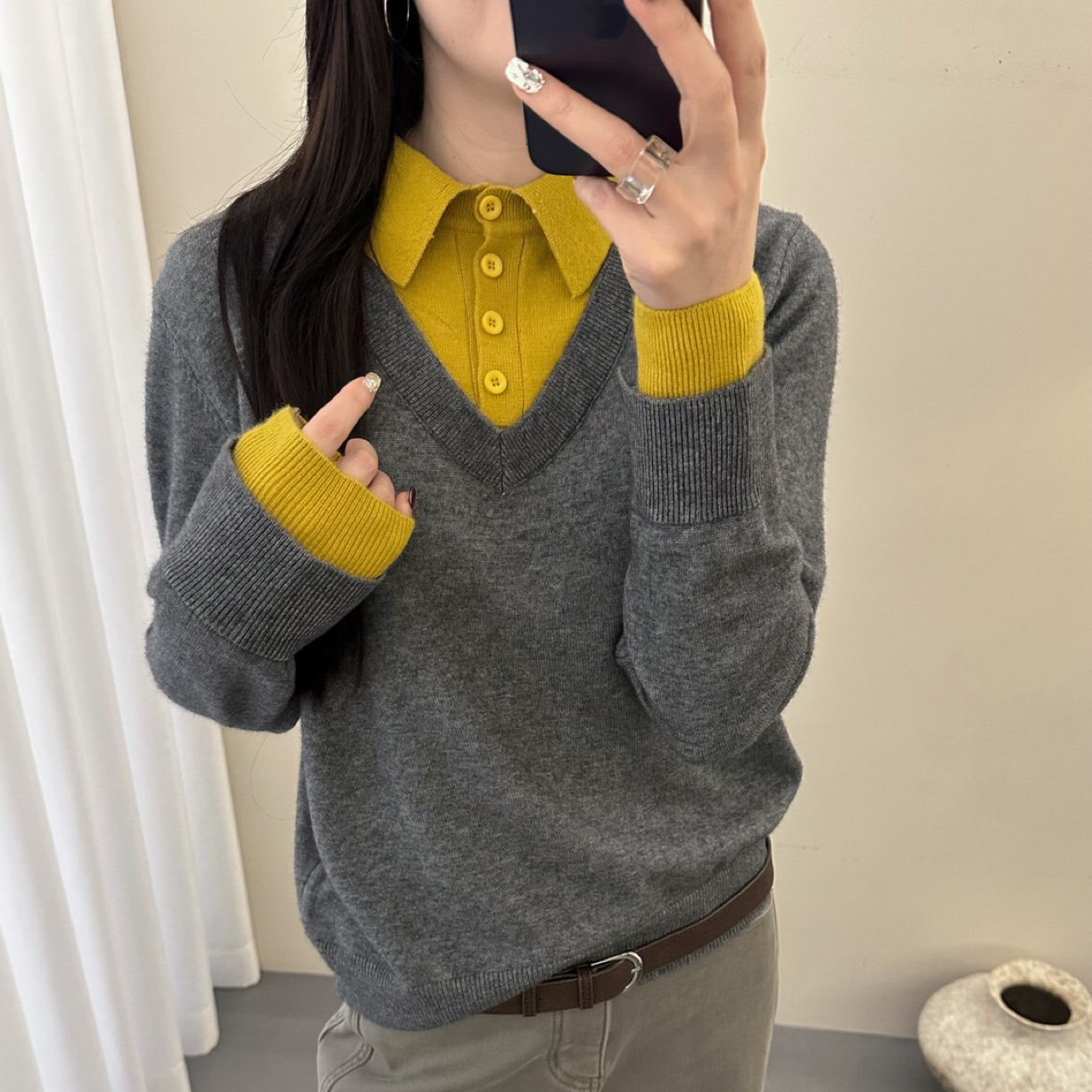 7739撞色假两件套头拼接polo领针织衫女冬季宽松显瘦百搭毛衣女