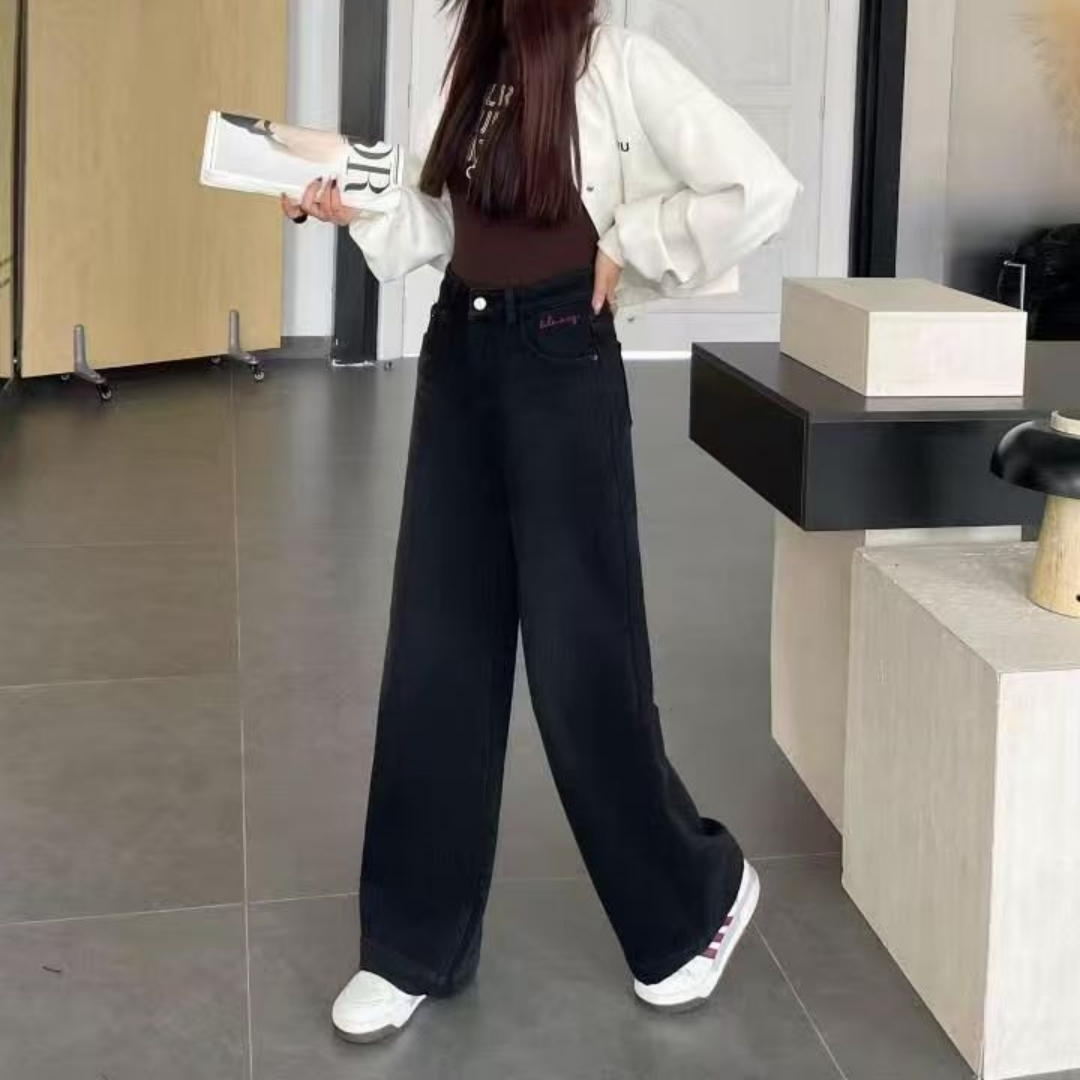 88638黑色加绒加厚牛仔裤女高个子阔腿裤长裤冬季秋季女宽松韩版