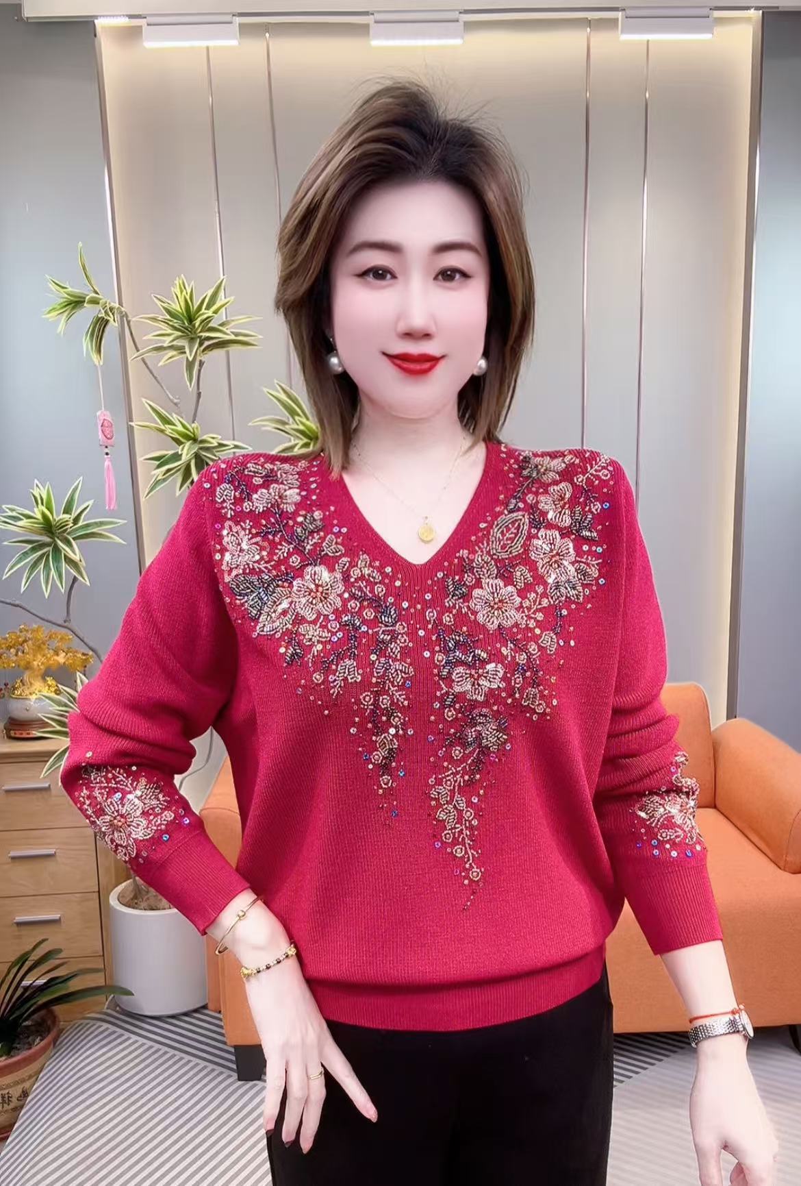 新款高档重工花开富贵V领衫花6608