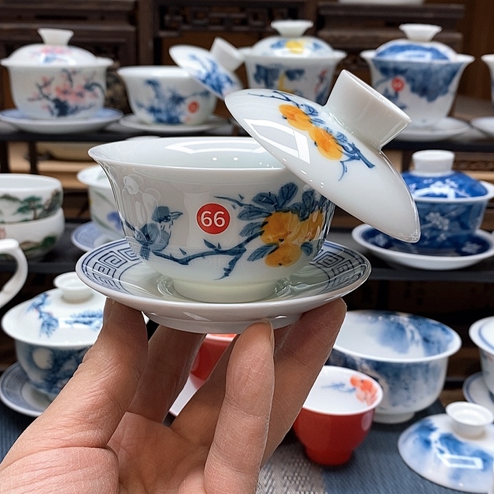 手绘微瑕喜柿图盖碗