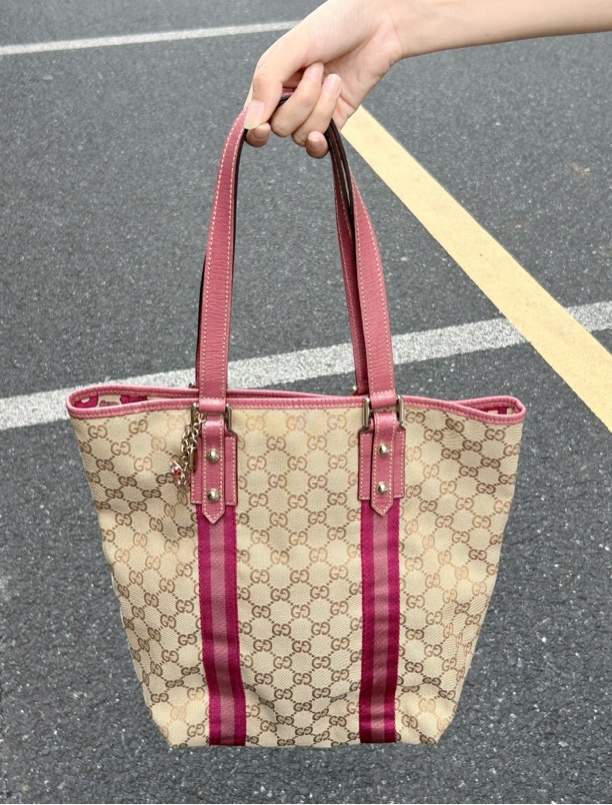 95新 GUCCI/古驰 拼紫粉色蝴蝶结托特单肩包Ss 