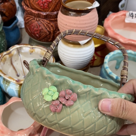 陶瓷大绿色花边篮子34313313