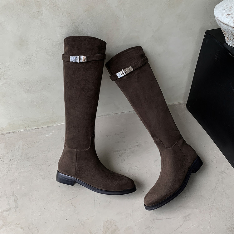 【奢品】美拉德复古棕色3.5cm粗跟凯莉扣麂皮绒高筒显瘦骑士靴长靴