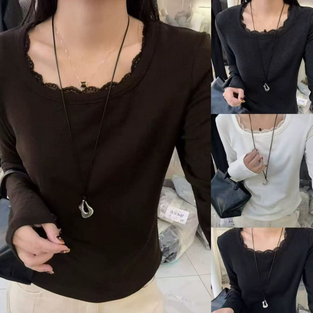 （衣长55）ＭＬＺ 815 秋冬加绒蕾丝花边方领长袖T恤女打底衫