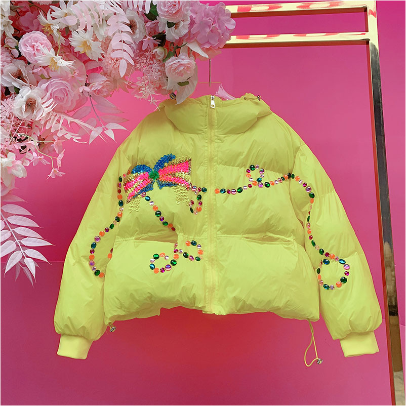 HH7251欧美风设计师2024秋冬新款钉钻刺绣亮片花朵连帽羽绒外套女