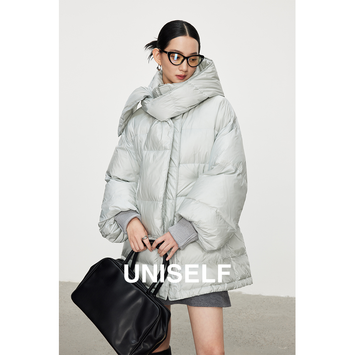 UNISELF可拆卸连帽围巾白鹅绒服新款小众极寒超厚羽绒服女100702