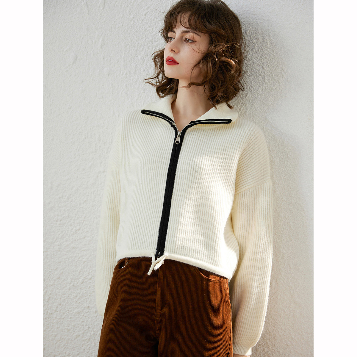 白鹿语冬款双头拉链长袖时尚高领撞色襟开衫针织衫外套女BX30622