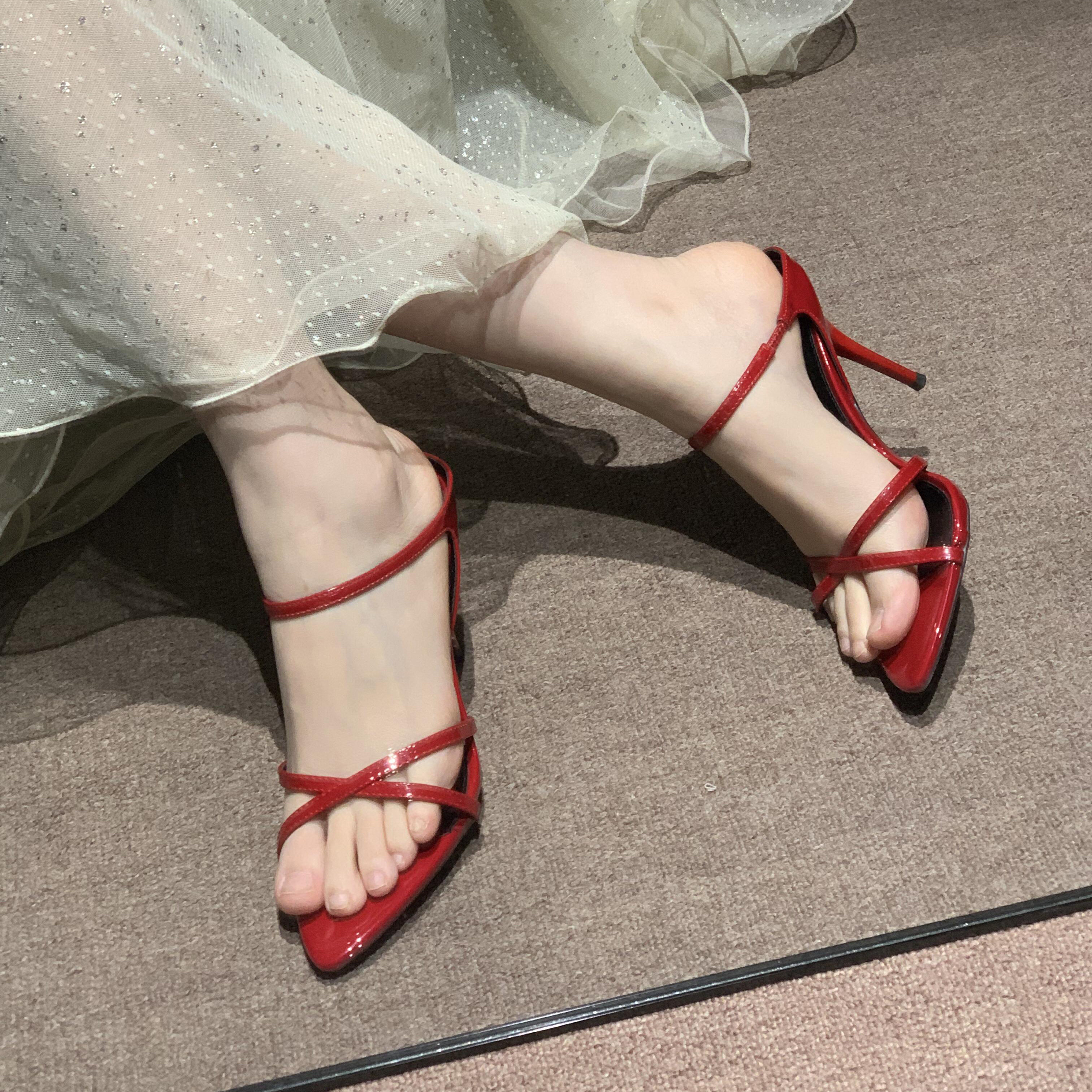 杨树林同款高跟鞋女露趾尖头性感交叉一字带凉鞋高跟凉拖鞋夏外穿