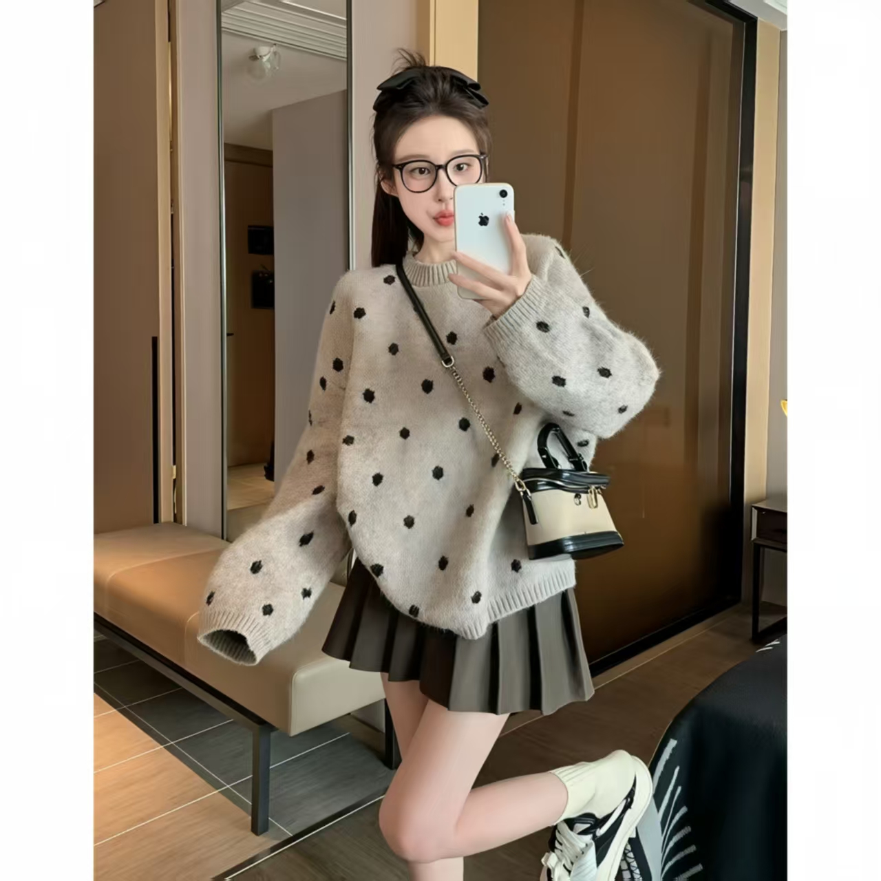 秋冬新款法式宽松小个子慵懒风波点圆领毛衣女显瘦休闲内搭针织衫