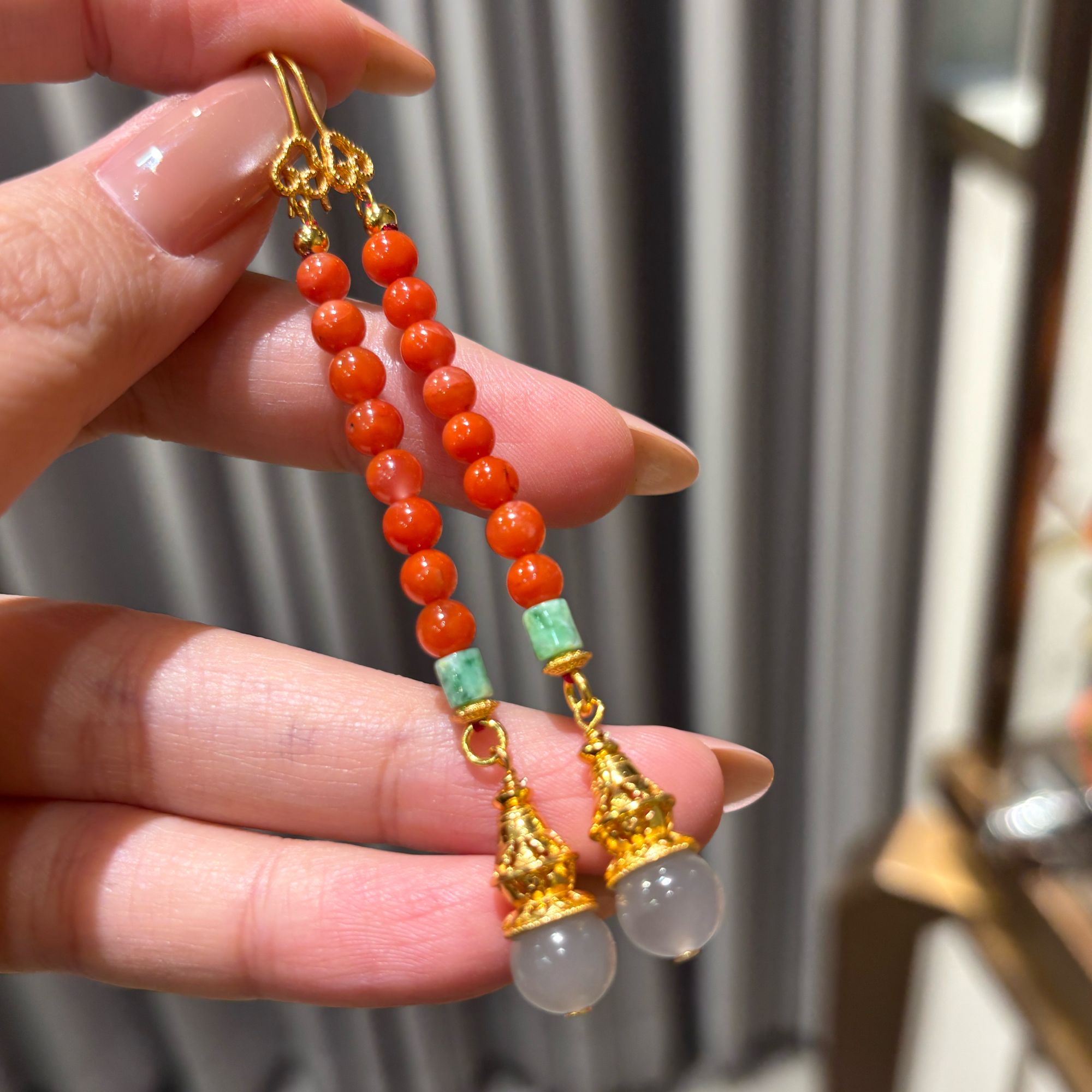 VISING珠宝天然满肉柿子红南红玛瑙翡翠耳环耳坠耳饰