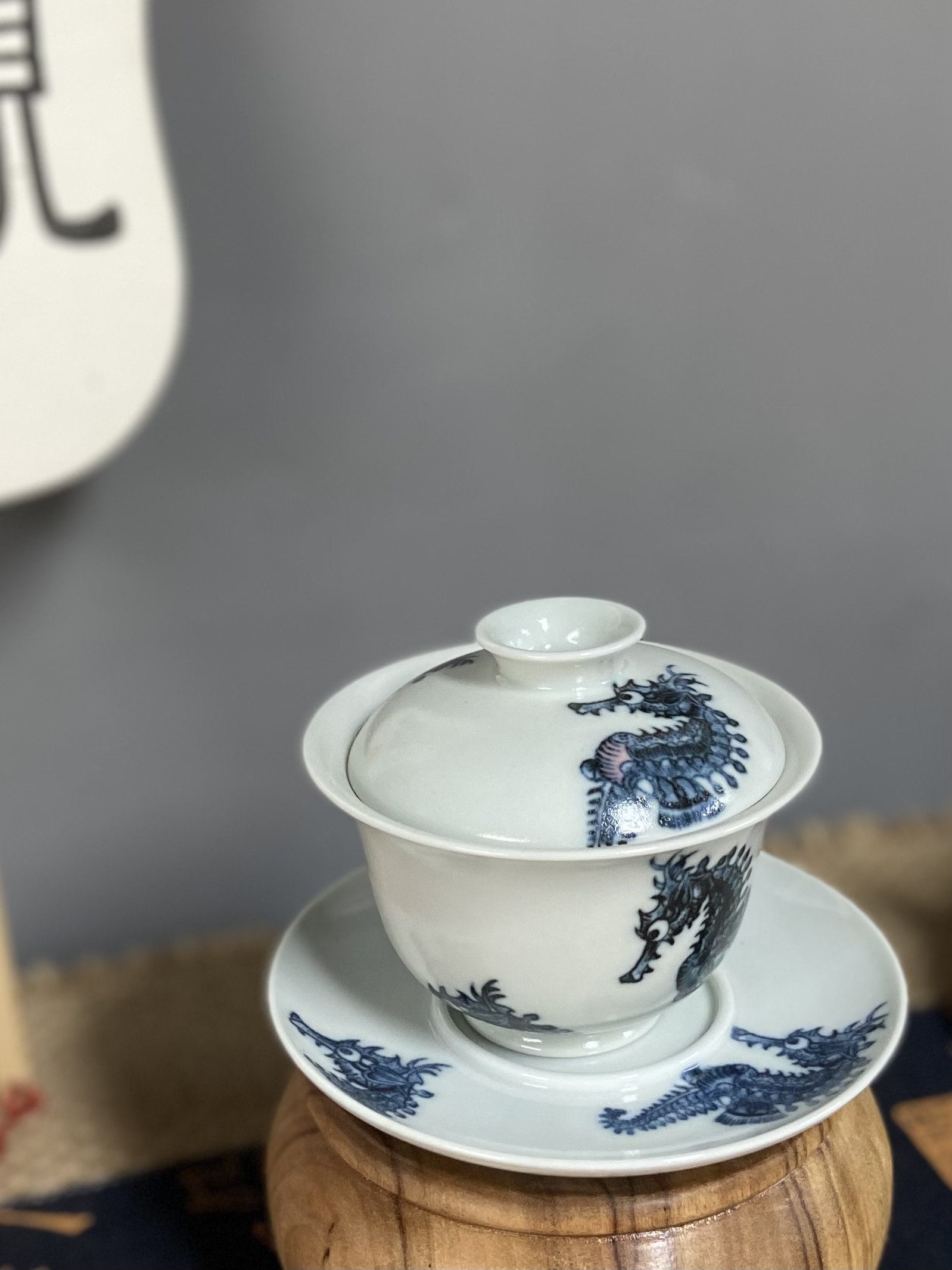 几道家珍青花海马陶瓷手绘白瓷三才盖碗160cc景德镇全手工家用