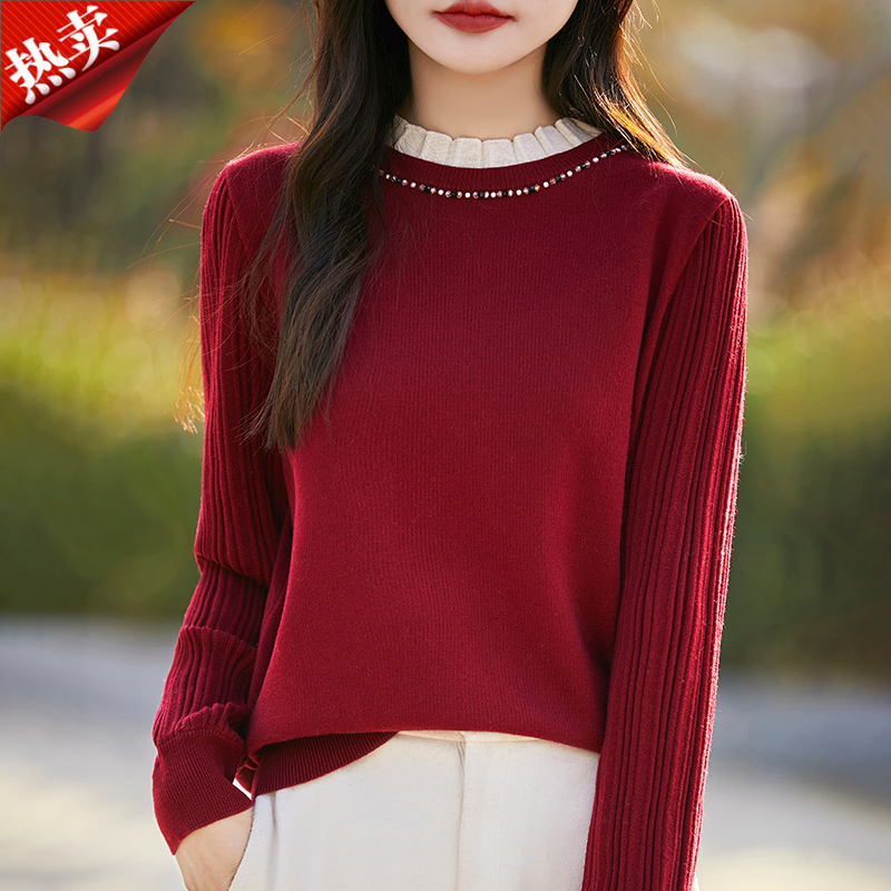 哥弟阿玛施正品领口木耳边钉珠套头针织衫女新年红色内搭打底衫冬