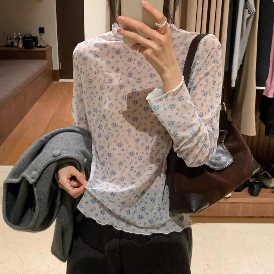 客户订单温柔风蓝色碎花蕾丝打底衫气质内搭长袖