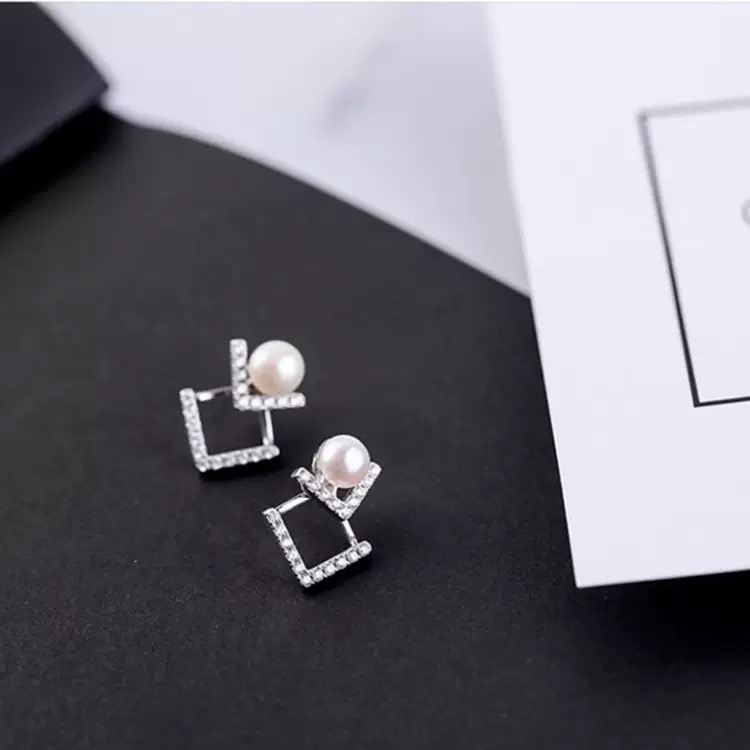 合金锆石耳饰 s925双层V型微镶锆石珍珠耳钉