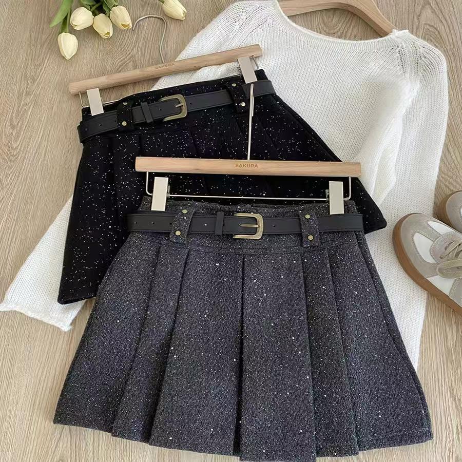 亮片毛呢高腰显瘦半身裙女秋冬韩版百搭显瘦防走光a字百褶短裙子