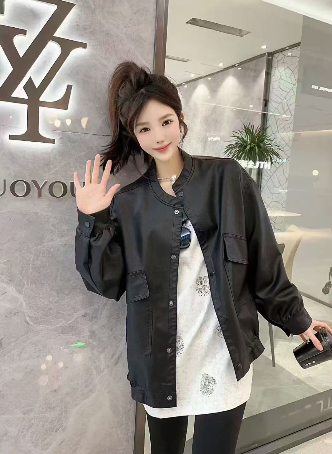 胖妹妹立领长袖大码纯色简约欧洲站洋气秋季款百搭皮衣外套女*987