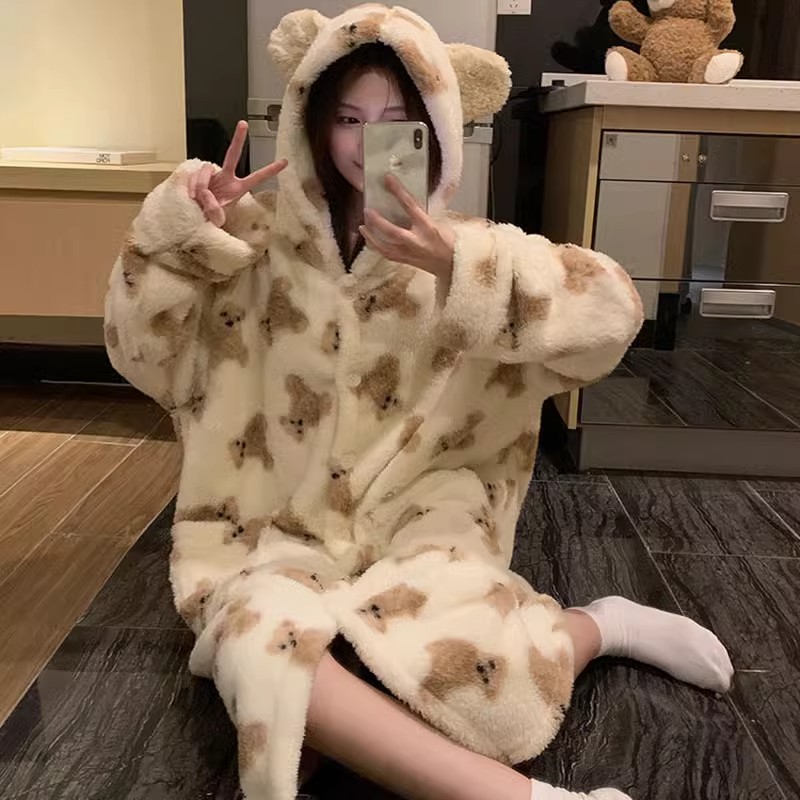 珊瑚绒女士可爱卡通睡袍秋冬季加绒加厚中长款保暖睡衣套装家居服