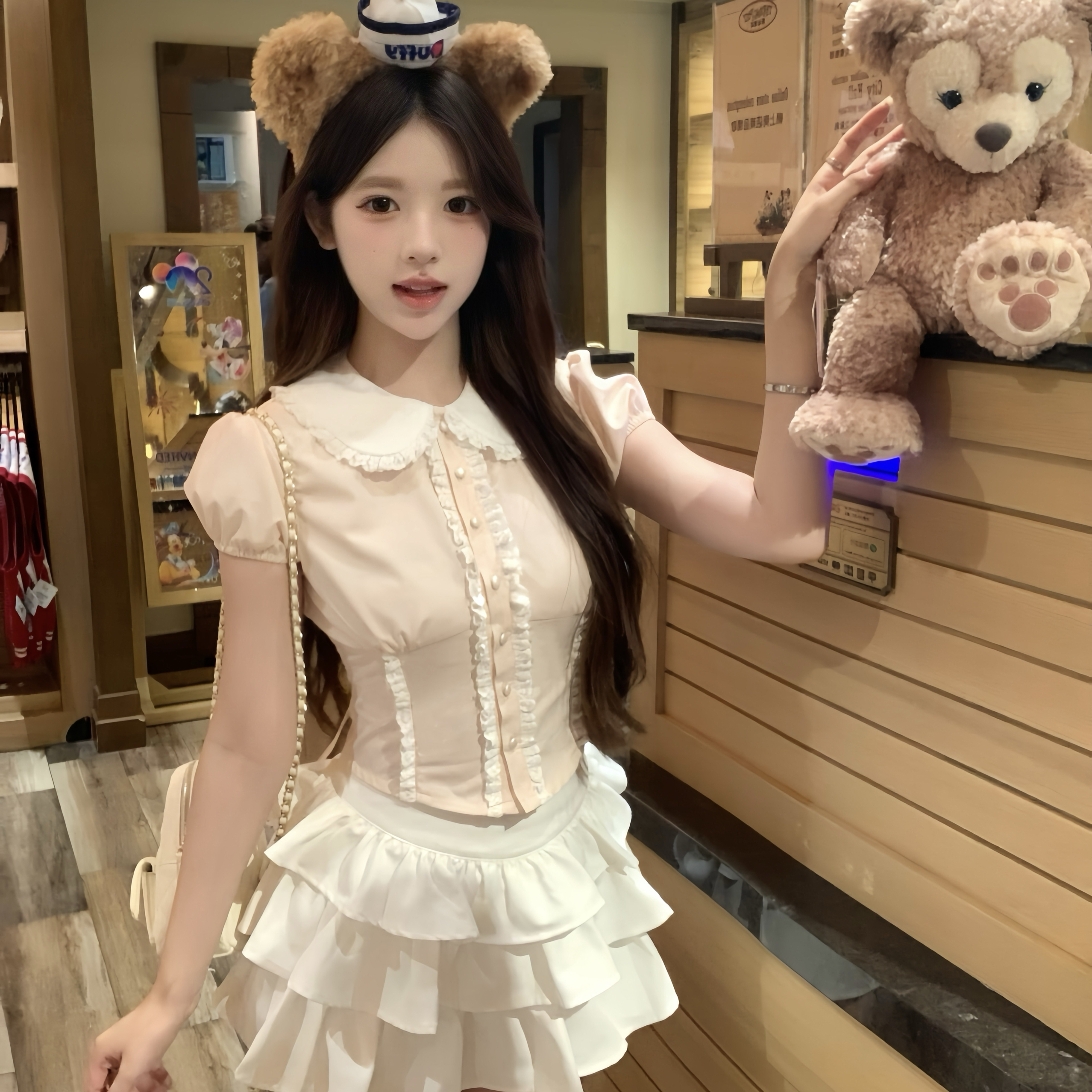 浅橘粉少女风花边收腰衬衫白色蛋糕裙显瘦甜美减龄shebyshj越南