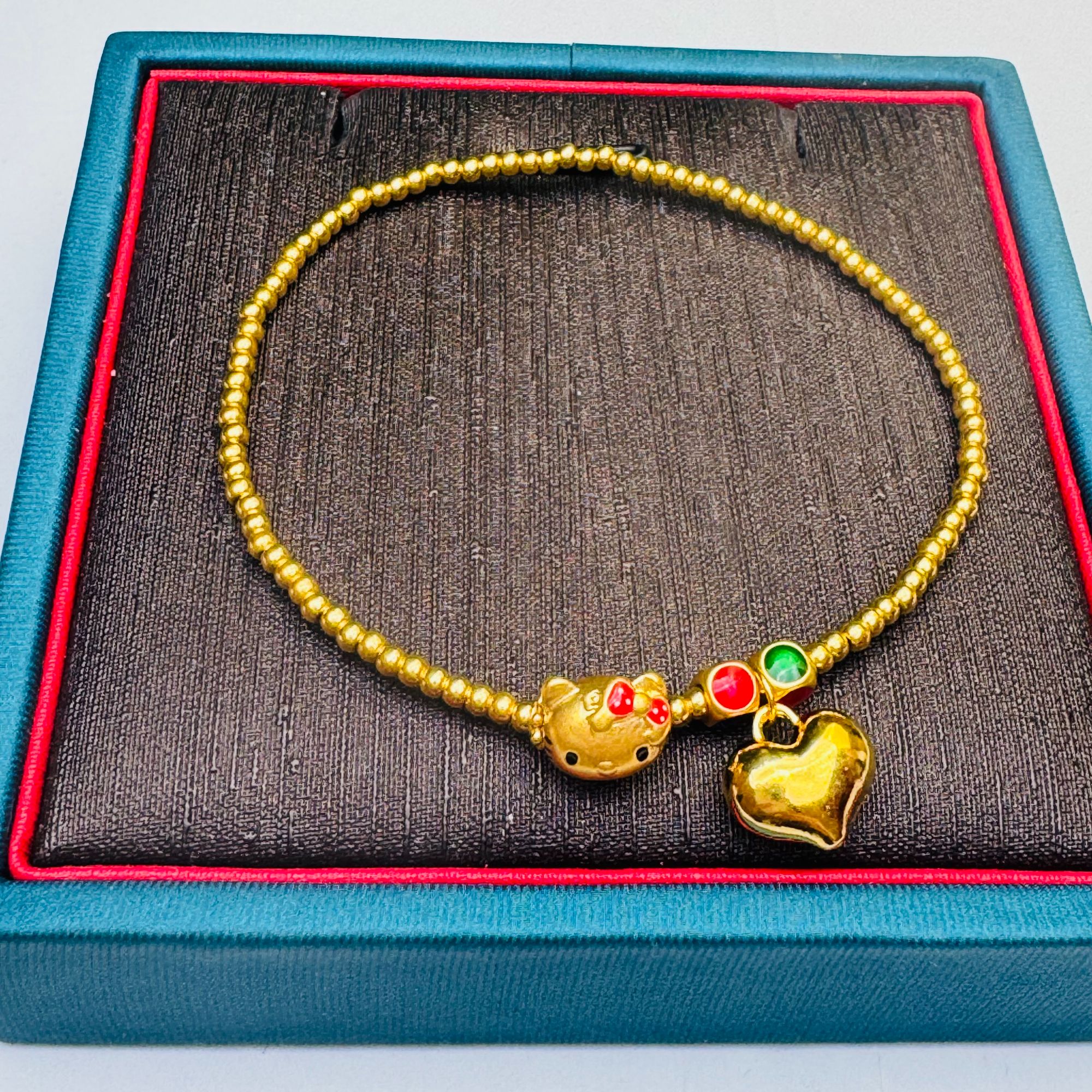 92#足金999 Kitty猫 桃心手串(卡2金珠90颗)