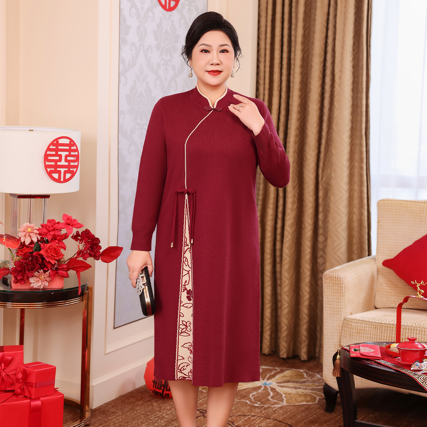 订婚宴妈妈装平时可穿毛衣连衣裙中老年大码喜婆婆装2025新款裙子