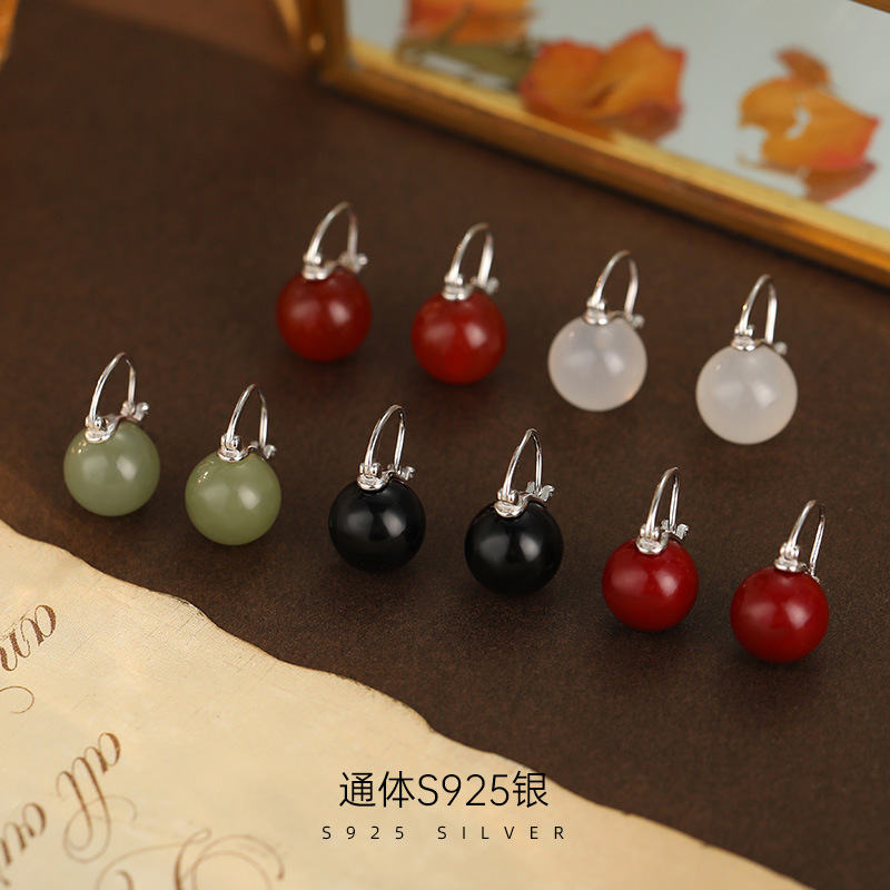 足银耳饰 S925纯银珠砂耳扣码腦耳环轻奢百搭新中式时尚秋冬耳环