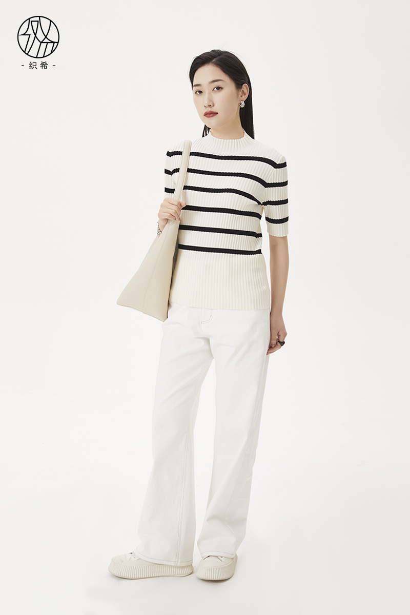 织希TESSITI | 夏季新款百搭舒适黑白拼色半高领针织衫